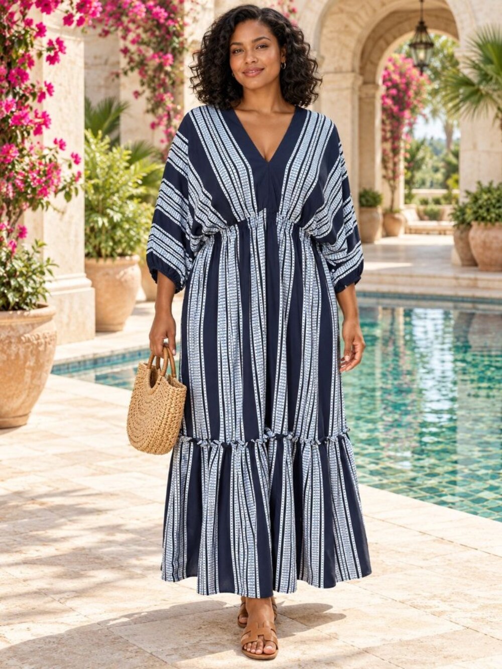 Taylor Dress Womens 16 Navy Blue Striped Maxi Dolman Sleeve V Neck Tiered Boho